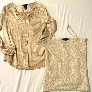 Women’s White House, Black market silk stretch tan blouse size 6 with lace tank